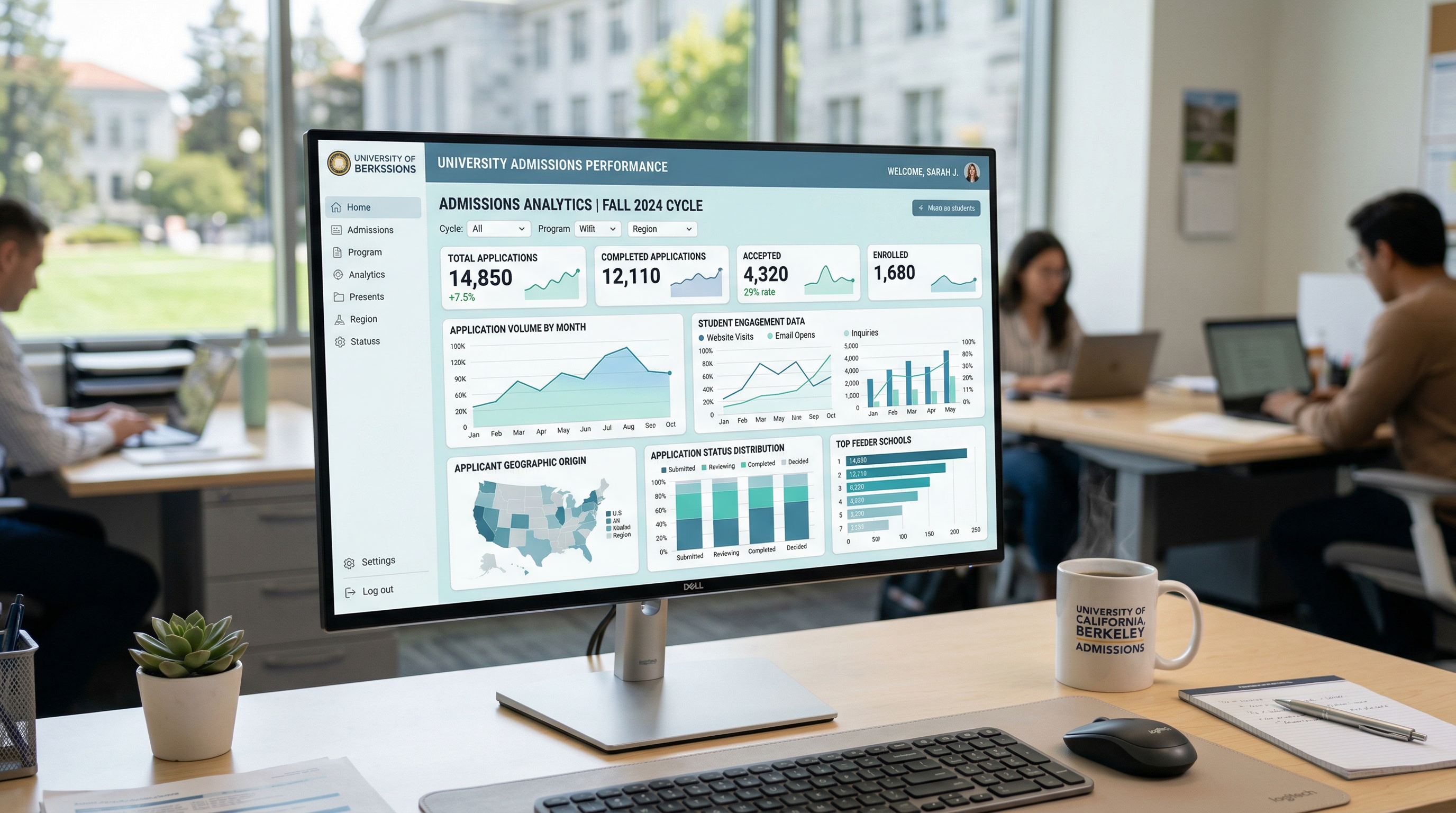 Virtual university fair analytics dashboard showing booth visits, student inquiries, and engagement trends