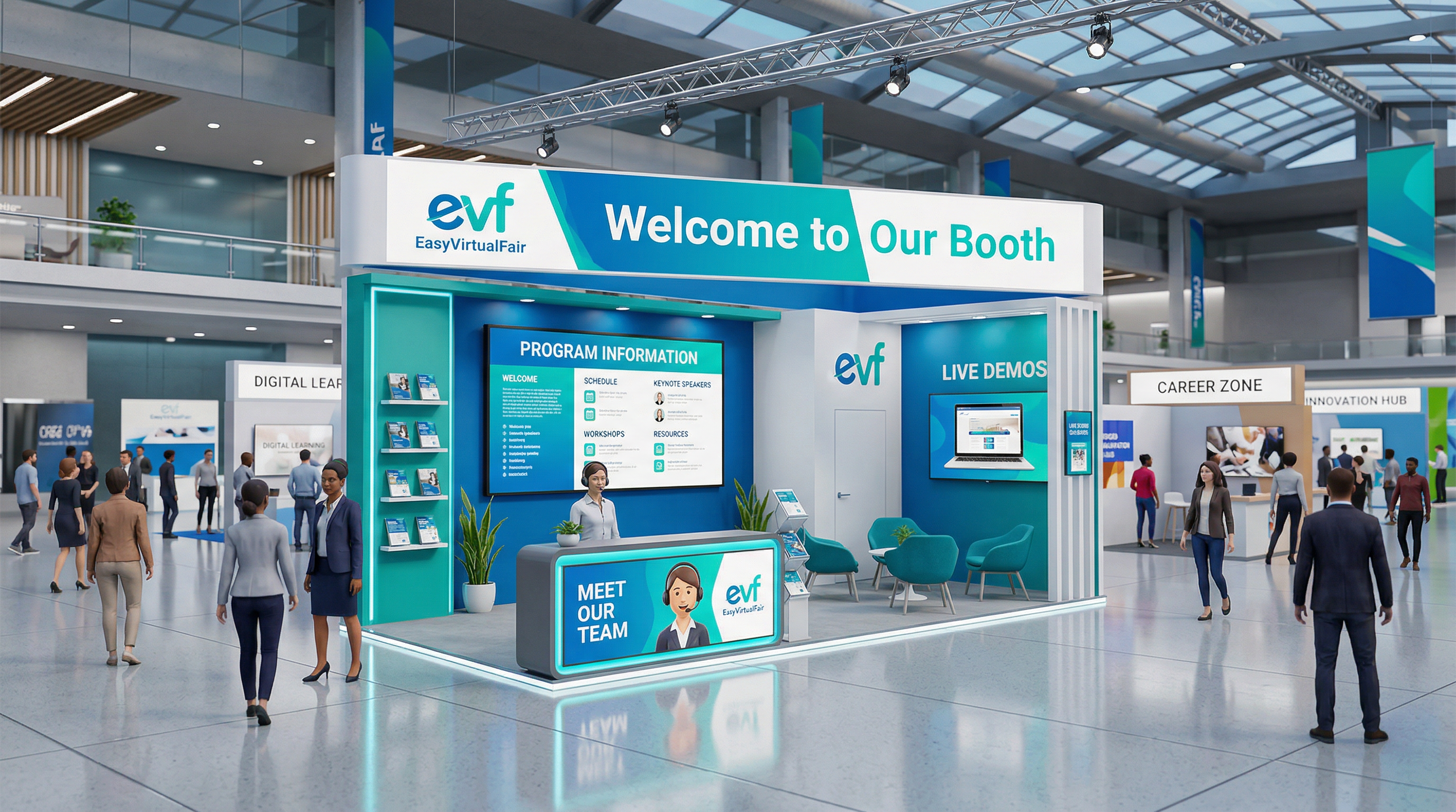 EasyVirtualFair platform university booths list with Visit Booth buttons